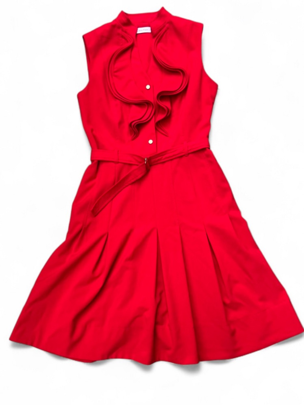 Calvin Klein size 4 Red Ruffle Front Belted mini Dress